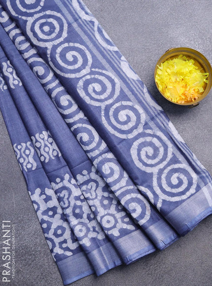 Linen cotton saree grey with allover batik butta prints and silver zari woven border