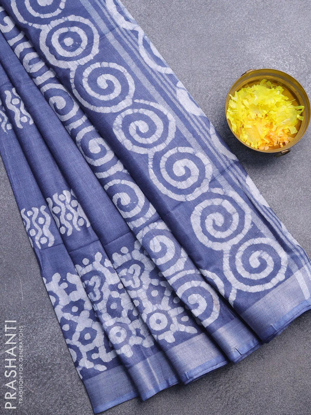 Linen cotton saree grey with allover batik butta prints and silver zari woven border