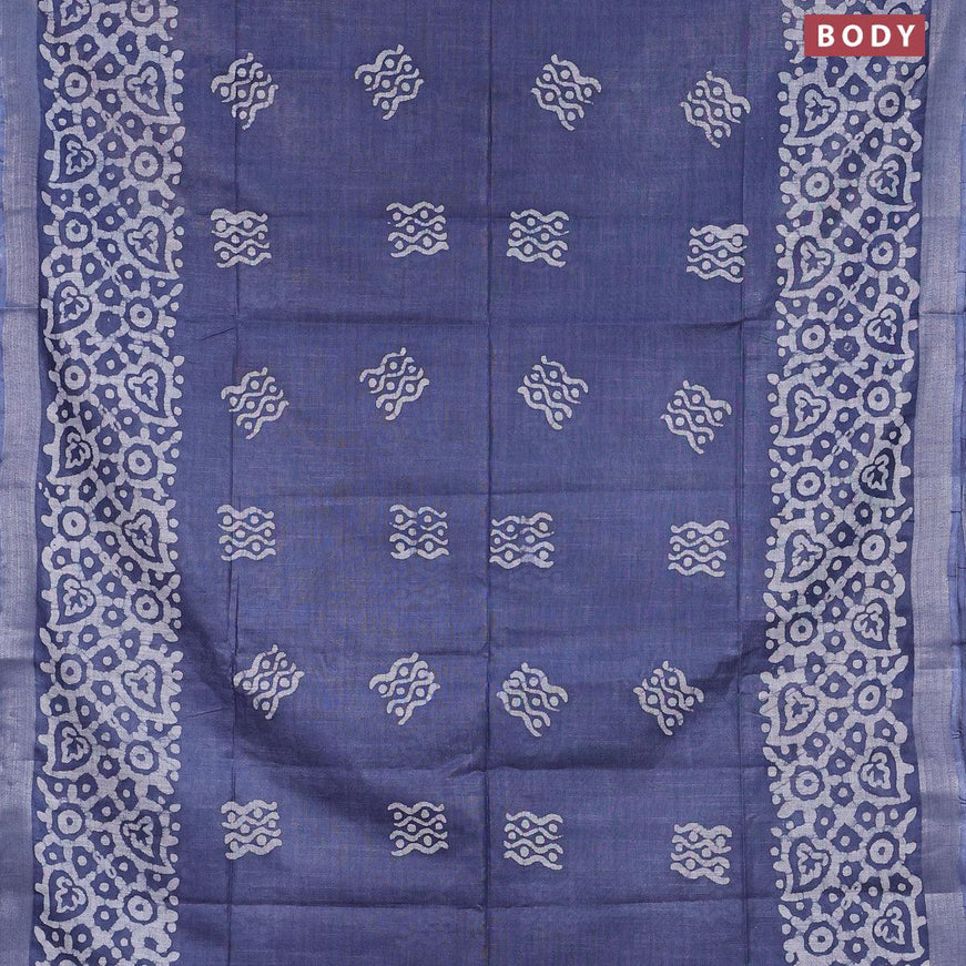 Linen cotton saree grey with allover batik butta prints and silver zari woven border