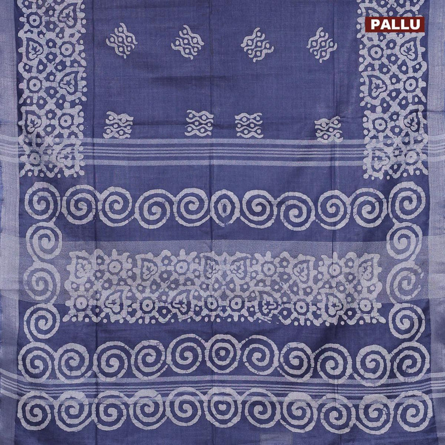 Linen cotton saree grey with allover batik butta prints and silver zari woven border