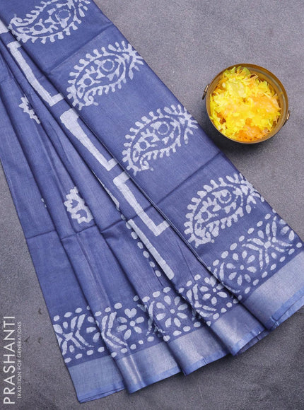 Linen cotton saree dark grey with allover batik butta prints and silver zari woven border