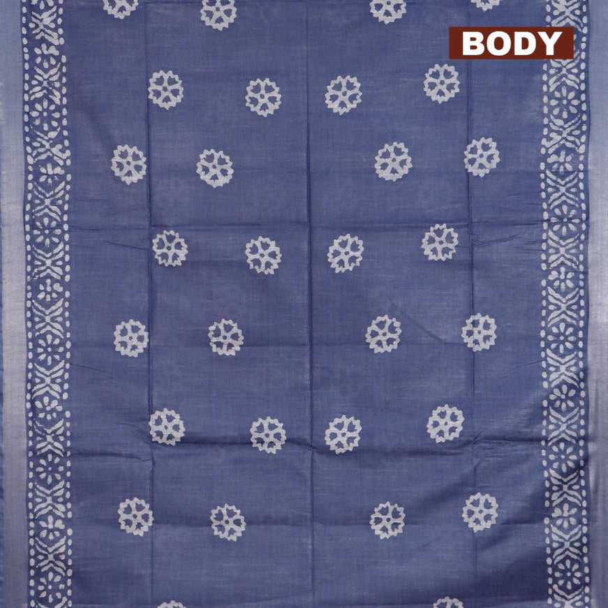 Linen cotton saree dark grey with allover batik butta prints and silver zari woven border