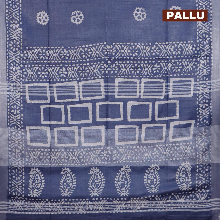 Linen cotton saree dark grey with allover batik butta prints and silver zari woven border