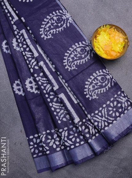 Linen cotton saree navy blue with allover batik butta prints and silver zari woven border