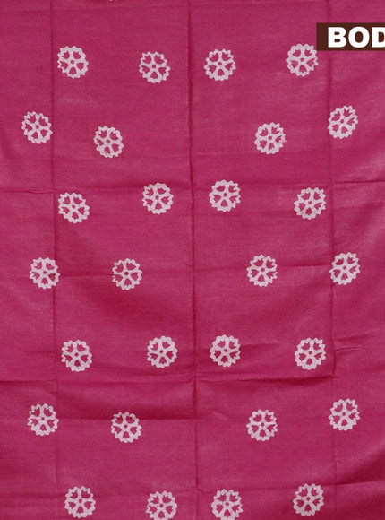 Linen cotton saree pink with allover batik butta prints and silver zari woven border