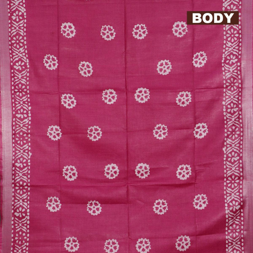 Linen cotton saree pink with allover batik butta prints and silver zari woven border