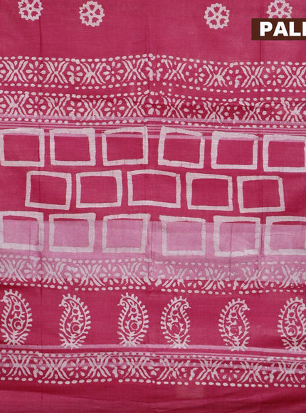 Linen cotton saree pink with allover batik butta prints and silver zari woven border