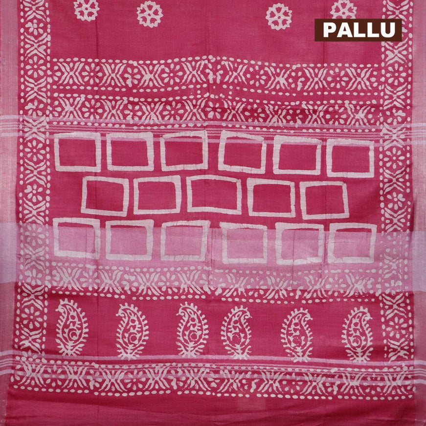 Linen cotton saree pink with allover batik butta prints and silver zari woven border