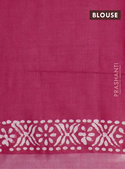 Linen cotton saree pink with allover batik butta prints and silver zari woven border