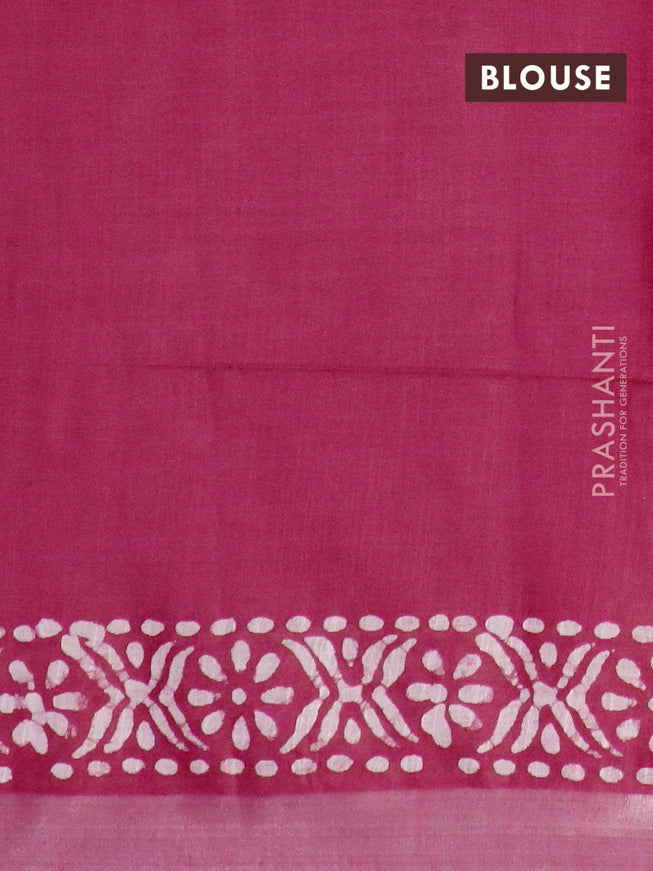 Linen cotton saree pink with allover batik butta prints and silver zari woven border