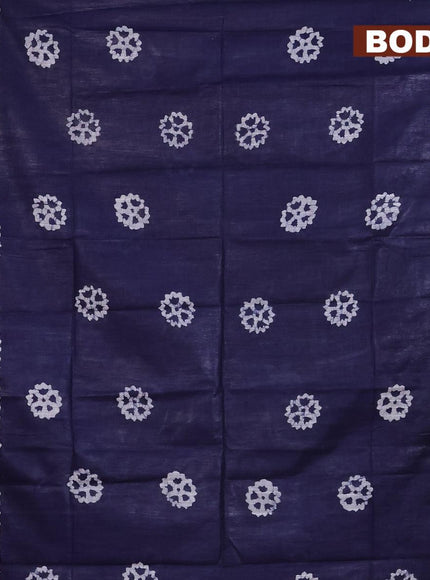 Linen cotton saree navy blue with allover batik butta prints and silver zari woven border