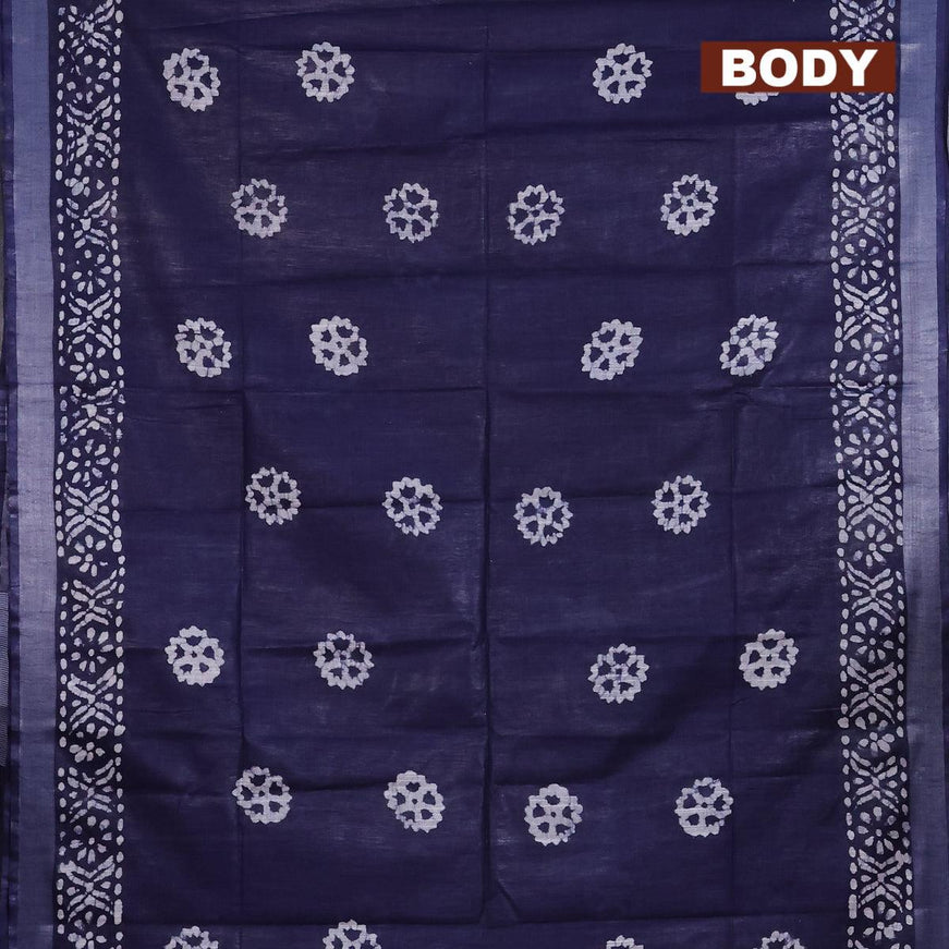 Linen cotton saree navy blue with allover batik butta prints and silver zari woven border