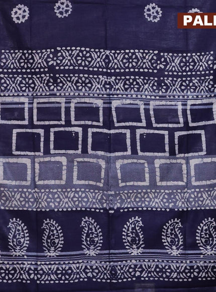 Linen cotton saree navy blue with allover batik butta prints and silver zari woven border