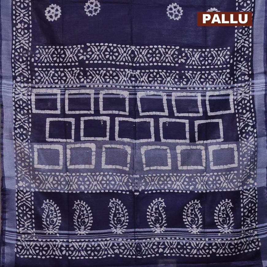 Linen cotton saree navy blue with allover batik butta prints and silver zari woven border