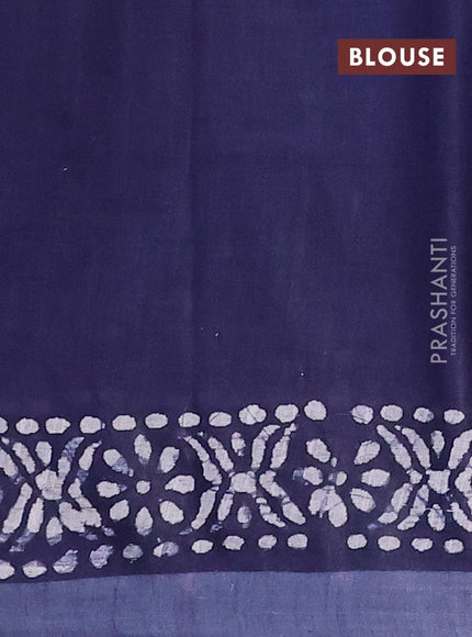 Linen cotton saree navy blue with allover batik butta prints and silver zari woven border