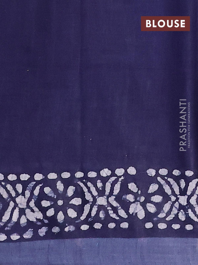 Linen cotton saree navy blue with allover batik butta prints and silver zari woven border