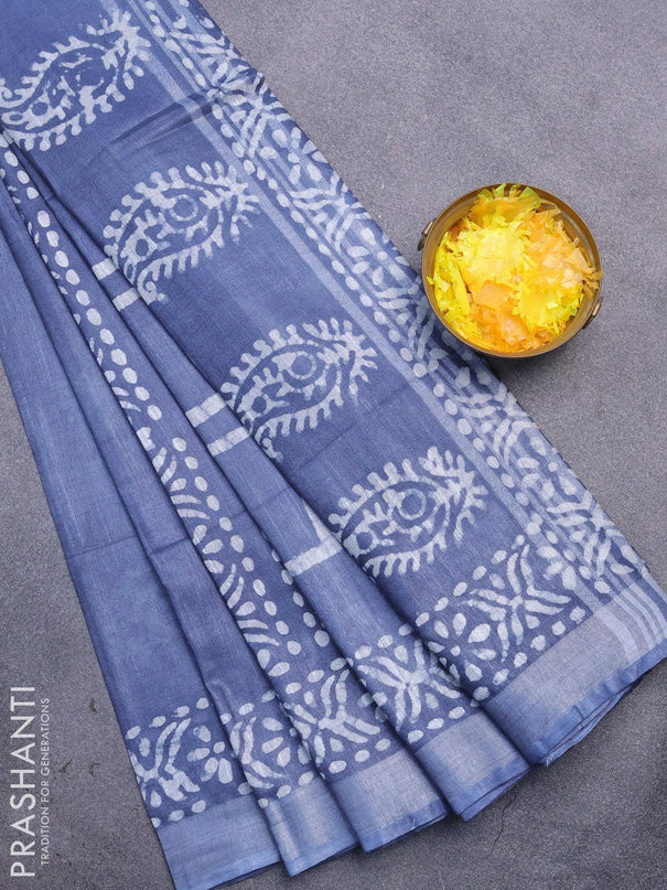 Linen cotton saree grey with allover batik butta prints and silver zari woven border