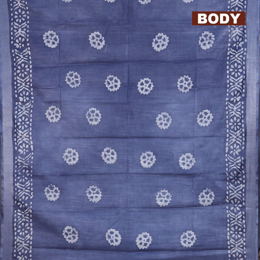 Linen cotton saree grey with allover batik butta prints and silver zari woven border