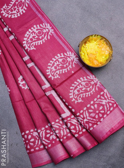 Linen cotton saree dark magenta with allover batik butta prints and silver zari woven border