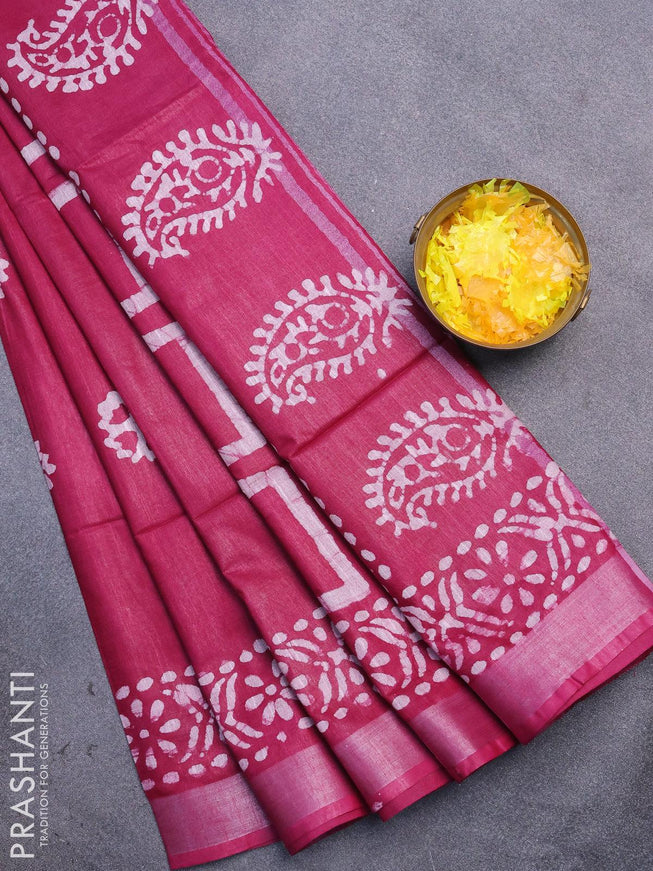 Linen cotton saree dark magenta with allover batik butta prints and silver zari woven border