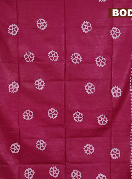 Linen cotton saree dark magenta with allover batik butta prints and silver zari woven border