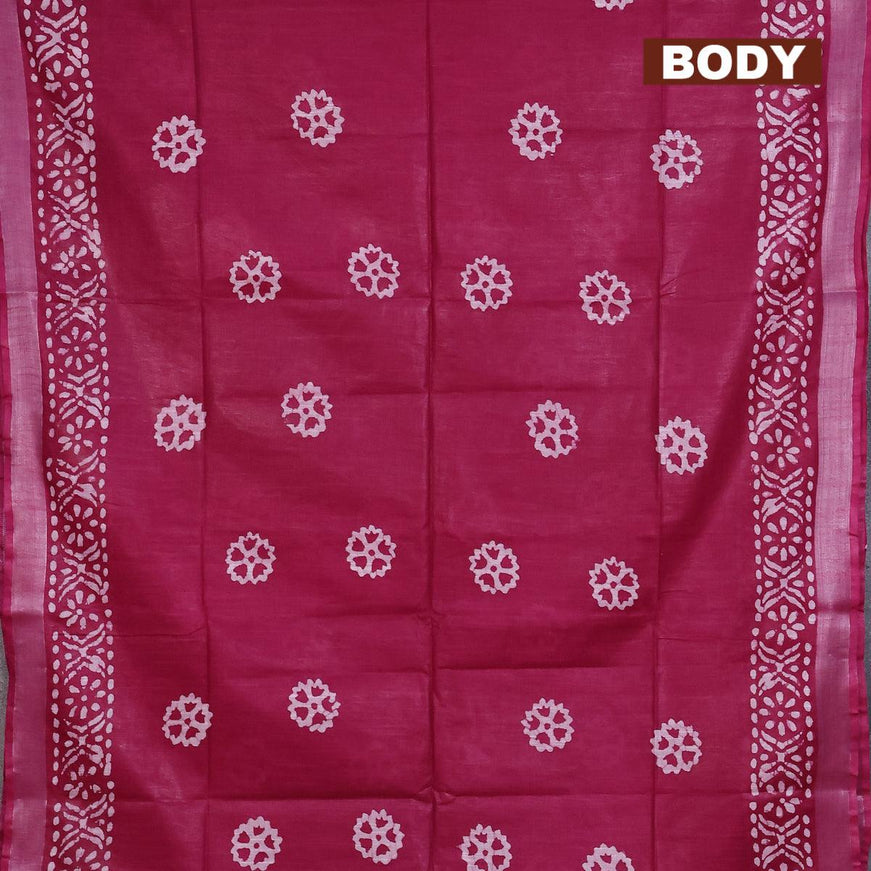 Linen cotton saree dark magenta with allover batik butta prints and silver zari woven border