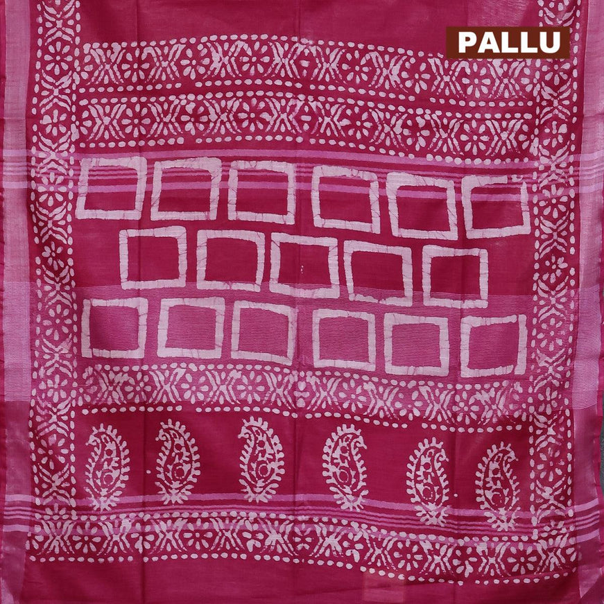 Linen cotton saree dark magenta with allover batik butta prints and silver zari woven border