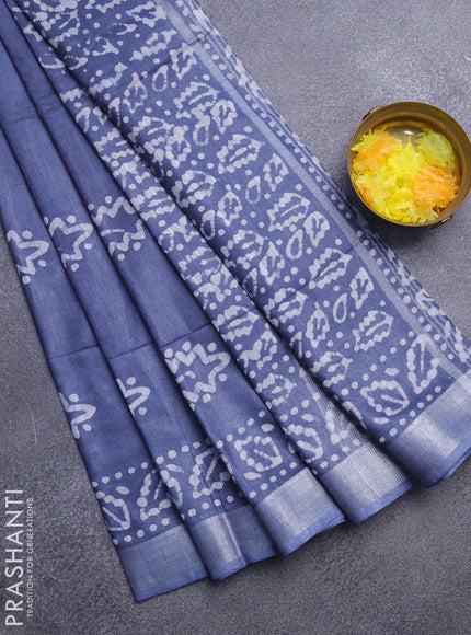 Linen cotton saree grey with allover batik butta prints and silver zari woven border