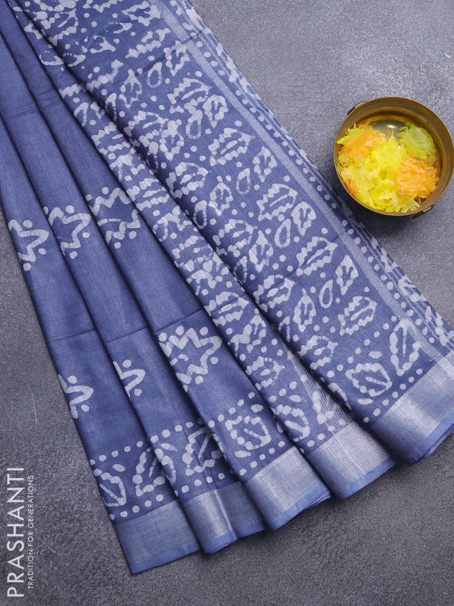 Linen cotton saree grey with allover batik butta prints and silver zari woven border