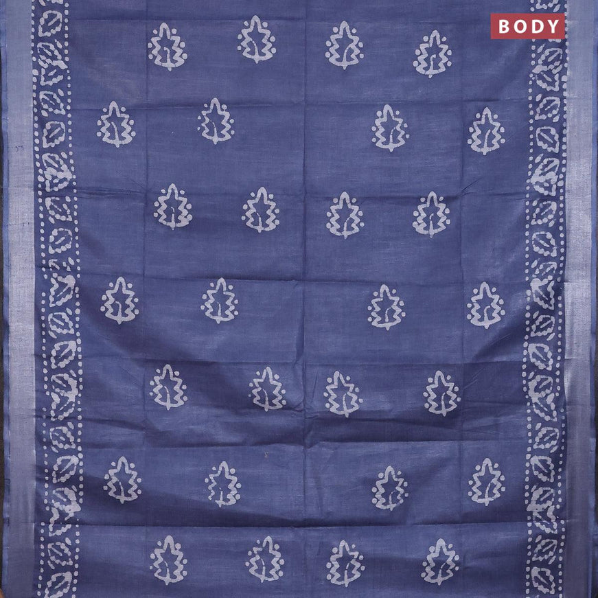 Linen cotton saree grey with allover batik butta prints and silver zari woven border