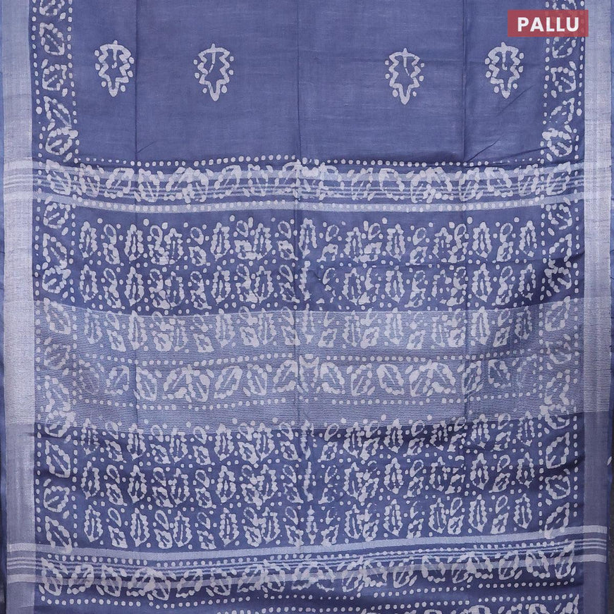 Linen cotton saree grey with allover batik butta prints and silver zari woven border