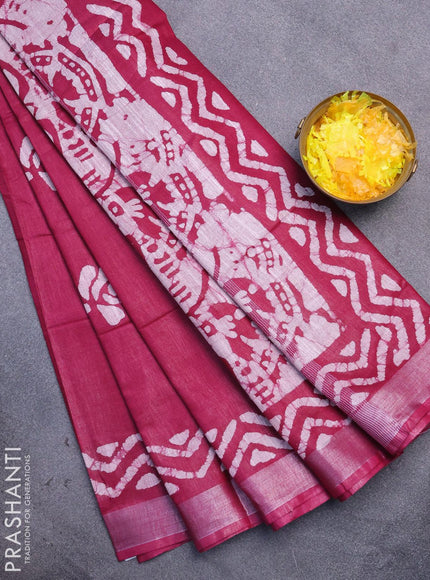 Linen cotton saree dark magenta with allover batik butta prints and silver zari woven border