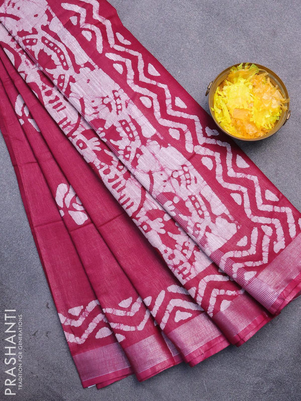 Linen cotton saree dark magenta with allover batik butta prints and silver zari woven border