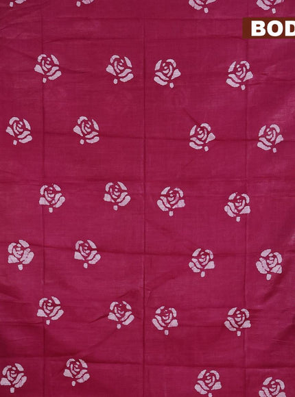 Linen cotton saree dark magenta with allover batik butta prints and silver zari woven border