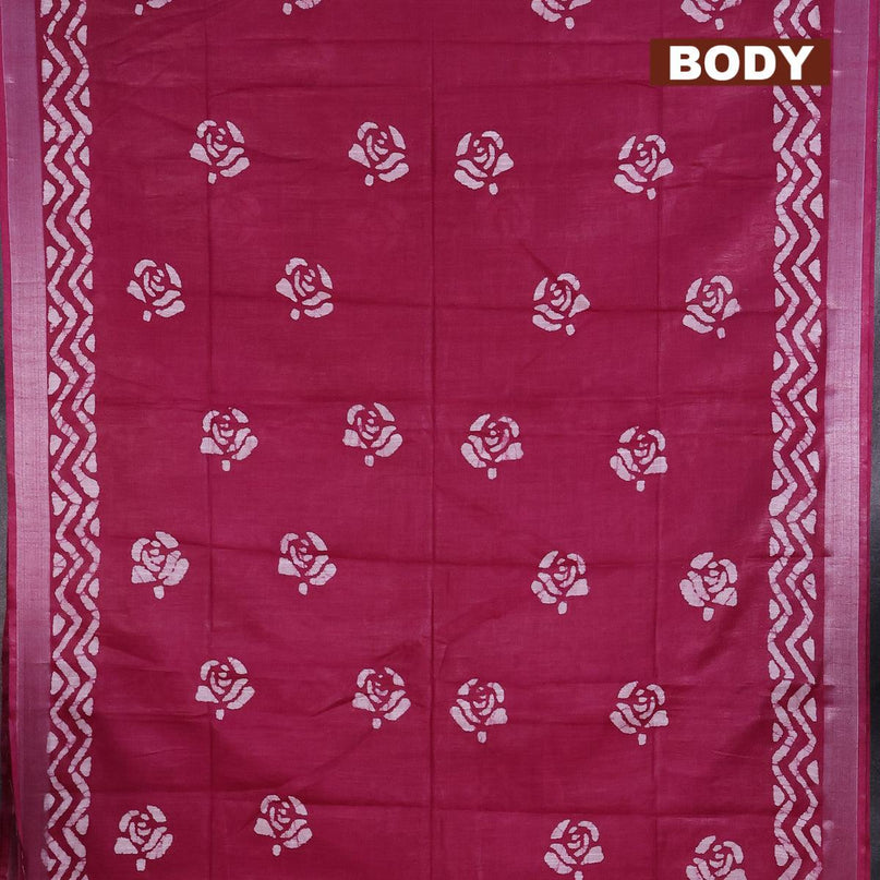 Linen cotton saree dark magenta with allover batik butta prints and silver zari woven border