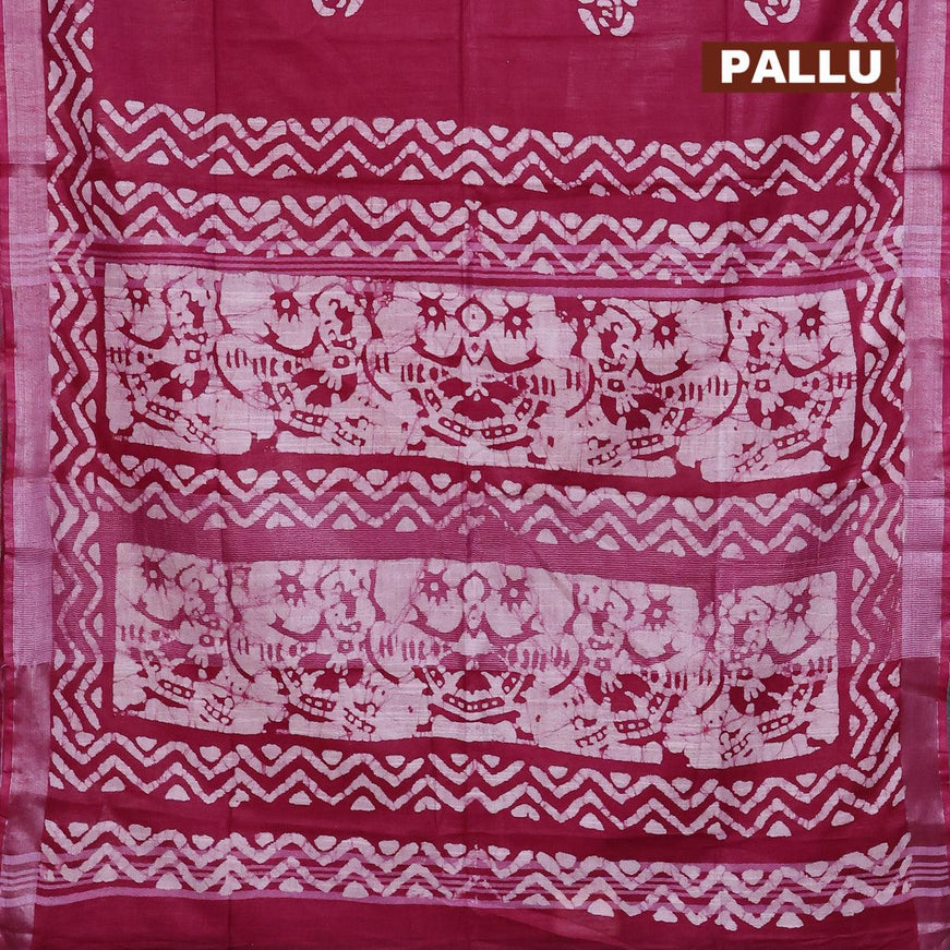 Linen cotton saree dark magenta with allover batik butta prints and silver zari woven border