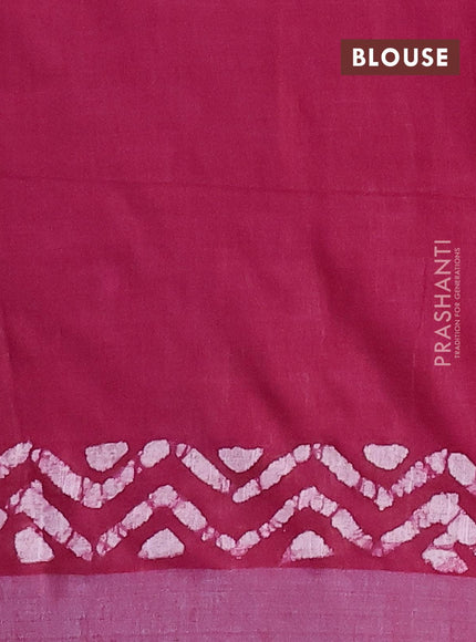 Linen cotton saree dark magenta with allover batik butta prints and silver zari woven border