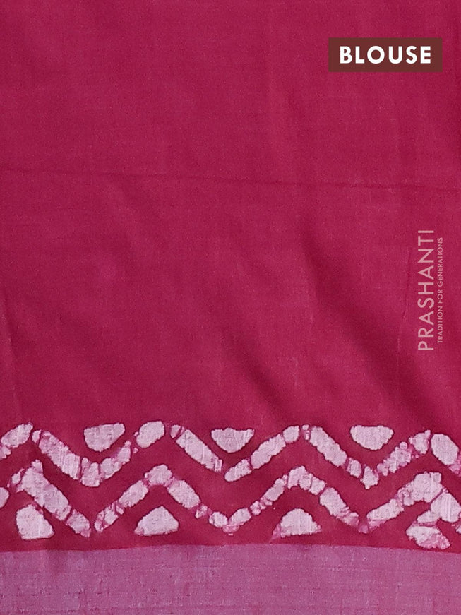 Linen cotton saree dark magenta with allover batik butta prints and silver zari woven border