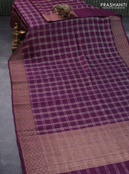 Banarasi raw silk saree purple with allover zari checked pattern and woven border