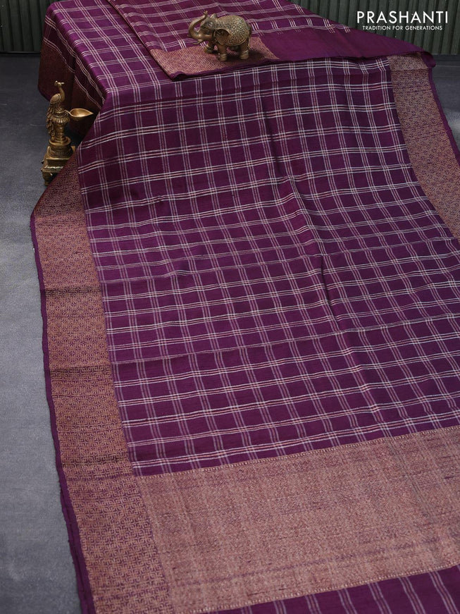 Banarasi raw silk saree purple with allover zari checked pattern and woven border