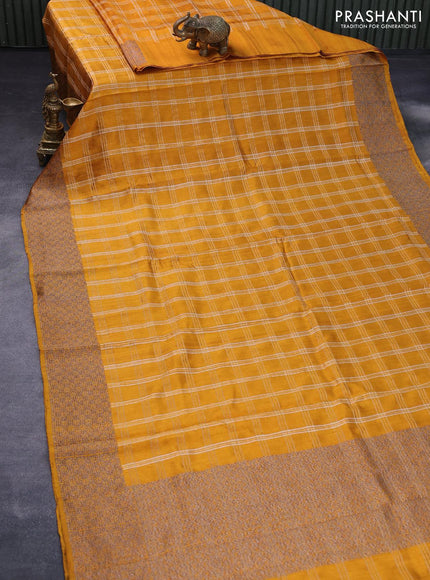 Banarasi raw silk saree mustard yellow with allover zari checked pattern and woven border