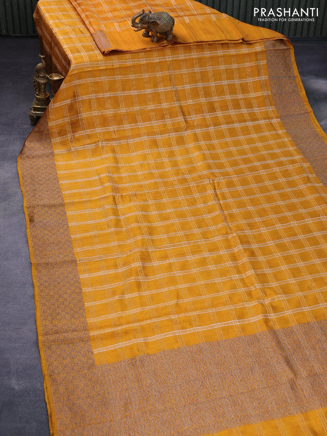 Banarasi raw silk saree mustard yellow with allover zari checked pattern and woven border