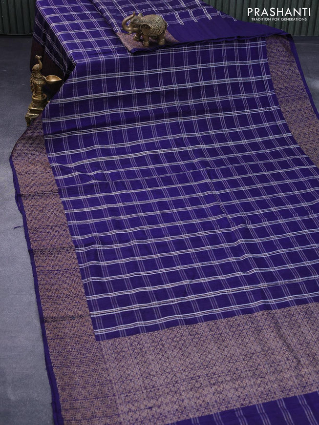 Banarasi raw silk saree navy blue with allover zari checked pattern and woven border