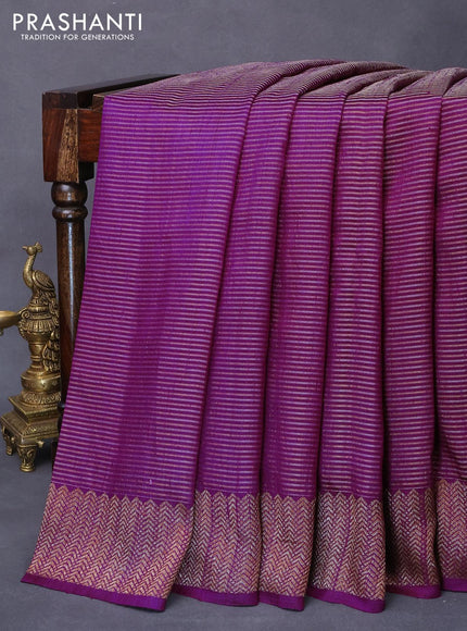 Banarasi raw silk saree dark purple with allover zari stripe pattern and woven border