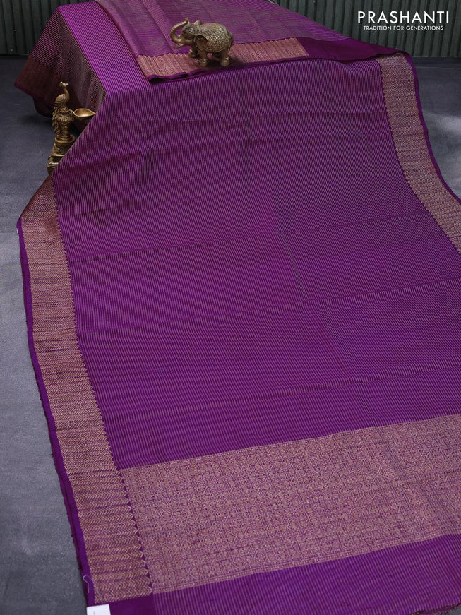 Banarasi raw silk saree dark purple with allover zari stripe pattern and woven border