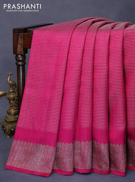 Banarasi raw silk saree magenta pink with allover zari stripe pattern and woven border