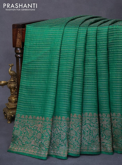 Banarasi raw silk saree green with allover zari stripe pattern and woven border