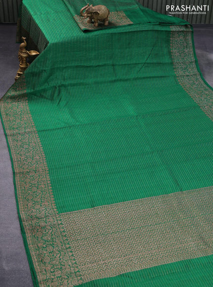 Banarasi raw silk saree green with allover zari stripe pattern and woven border