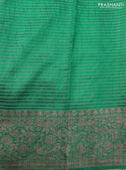 Banarasi raw silk saree green with allover zari stripe pattern and woven border