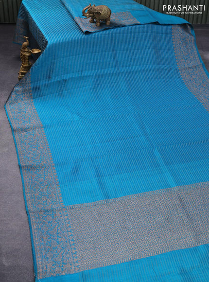 Banarasi raw silk saree rama blue with allover zari stripe pattern and woven border